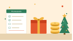 Ilustración de un regalo, monedas y una lista de presupuesto navideño